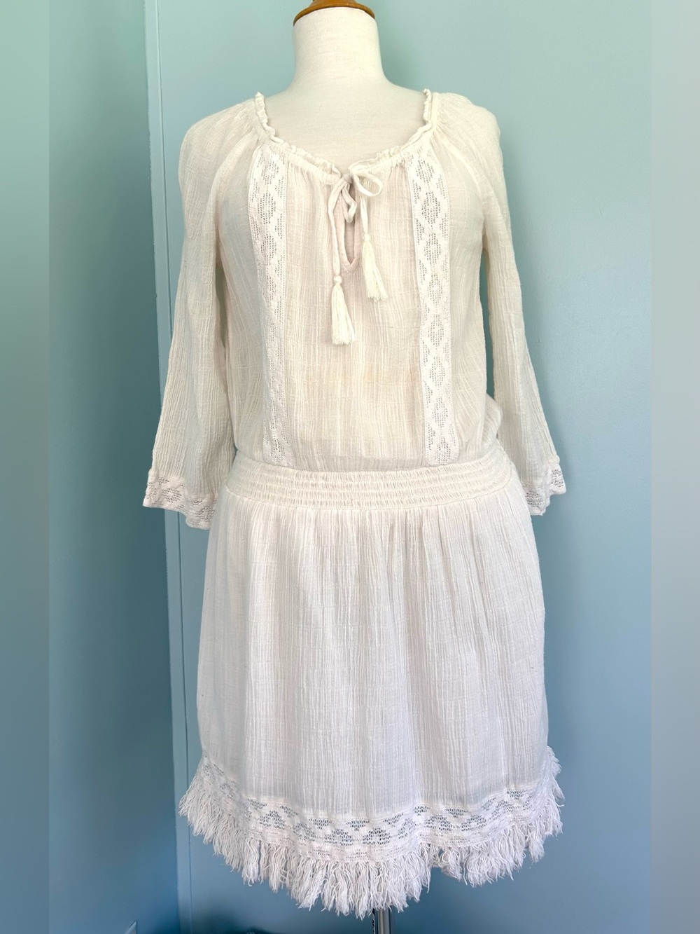 Aerie Long Sleeved Dress Cotton Gauze Off White Sz M - Crochet Lace & Tassels